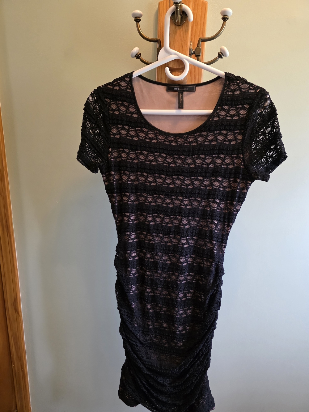 BCBGMaxAzria Black Lace Bodycon Dress with Nude Lining